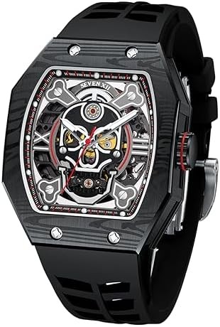 SEVEN XII Automatic Men’s Watches Tonneau Skull Skeleton Dial 70 Hour Power Reserve Wristwatch Luminous Waterproof Sapphire Mirror Fashion Luxury Sport Watch S001