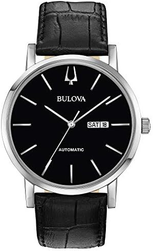 Bulova Men's Classic American Clipper 3-Hand Automatic Leather Strap Watch, Day Date Calendar, 40 Hour Power Reserve, Exhibition Case Back, 42mm