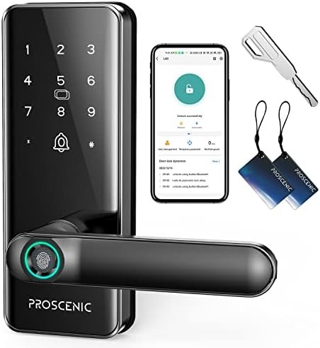 Smart Lock, Proscenic Keyless Entry Door Lock with Handle, Fingerprint Door Locks Support WiFi & Bluetooth, Touchscreen Electronic Door Locks with Keypads for Front Door, Bedroom, Home, Hotel, Airbnb