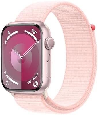 Apple Watch Series 9 [GPS 45mm] Smartwatch with Pink Aluminum Case with Light Pink Sport Loop One Size. Fitness Tracker, ECG Apps, Always-On Retina Display, Carbon Neutral