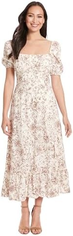 London Times Women's Square Neck Smocked Back Linen Blend Flattering Versatile Spring Summer Garden Party