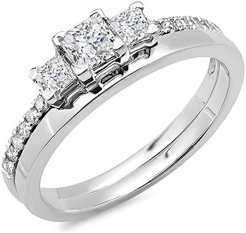 Dazzlingrock Collection 0.85 Carat (ctw) 14K Princess & Round Diamond 3 Stone Bridal Engagement Ring Wedding Band Set, White Gold
