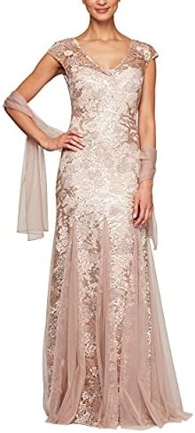 Alex Evenings Women's Long V Neck Fit and Flare Dress with Shawl (Petite Regular)