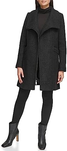 Kenneth Cole Women's Full Side Zip 3/4 Length Boucle Wool Peacoat