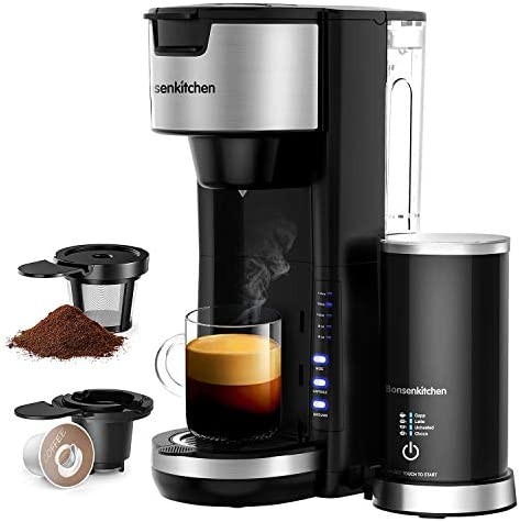 Singles Serve Coffee Makers With Milk Frother, 2-In-1 Coffee Machine For K Cup Pod & Coffee Ground, Latte and Cappuccino Maker, Built in Portable Electric Milk Steamer