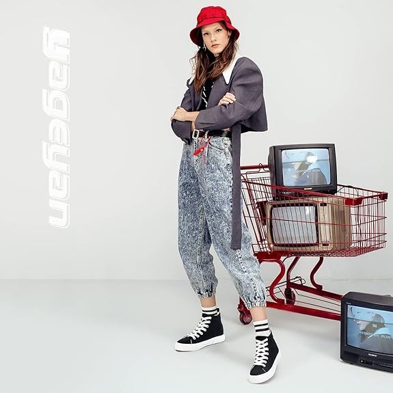 yageyan Womens High Top Canvas Sneakers Fashion Classic Shoes Comfortable White and Black Walking Shoes