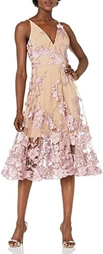 Dress the Population Women's Audrey Spaghetti Strap Midi A-line 3D Floral Dress
