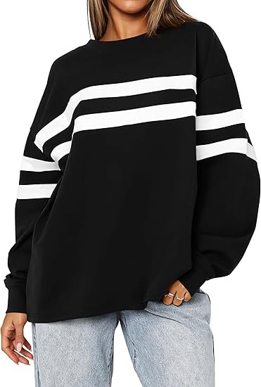 MASCOMODA Womens Fall Fashion 2024 Striped Oversized Sweatshirt Crewneck Long Sleeve Tops Casual Tunic Pullover T Shirts
