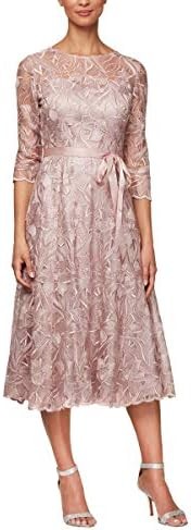 Alex Evenings Women's Tea Length Embroidered Dress Illusion Sleeves (Petite Missy)