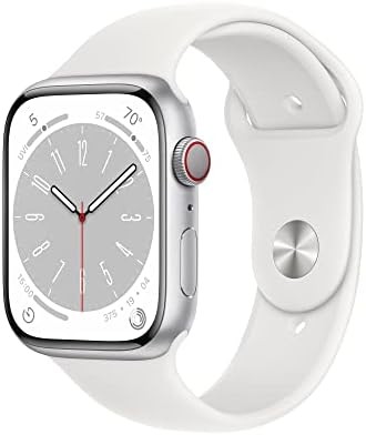 Apple Watch Series 8 [GPS + Cellular 45mm] Smart Watch w/Silver Aluminum Case with White Sport Band - M/L. Fitness Tracker, Blood Oxygen & ECG Apps, Always-On Retina Display, Water Resistant