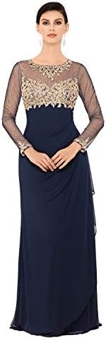 Long Sheer Mesh Sleeve Dress - Side Drape Illusion, Golden Lace Appliques Beads