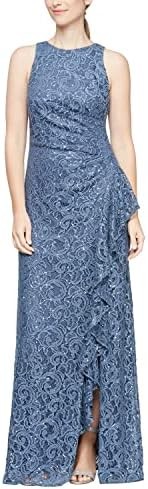 Alex Evenings Women's Long Sleeveless Cascade Ruffle Detail Dress with Front Slit