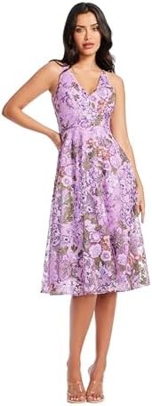 Dress the Population Women's Elisa Sleeveless Plunge Neckline FIT and Flare MIDI Dress