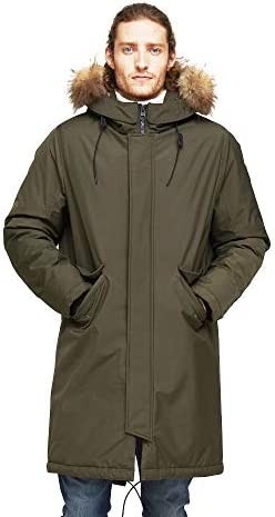 TIGER FORCE Winter Parka City Jackets for Men Business Coat Hooded with Real Fur Trim Insulated Waterproof Snow Jacket Green