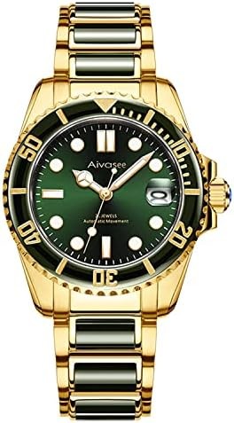Aivasee Automatic Mechanical Watch, Luxury Green Jade Men’s Wrist Watches with Gold Stainless Steel Band Luminous Analog Watches for Men and Women with Rotating Bezel Ring (Model: AH6028G)