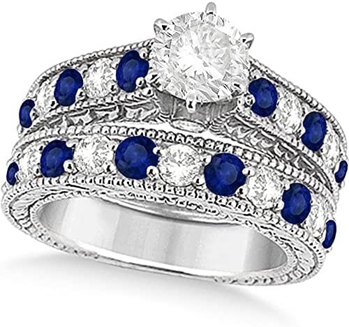 Women's Antique Diamond and Blue Sapphire Bridal Ring Set in Platinum (3.87ct)