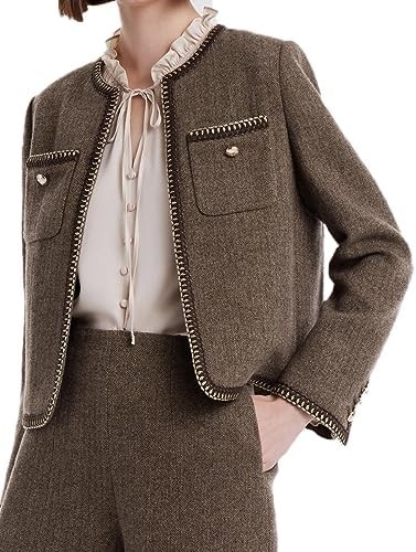 GOELIA Women's Washable 100% Merino Wool Blazers for Work Business Casual, Cropped Blazer Jackets for Women, Retro Brown