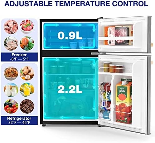 JOY Kitchen JR31TS1E10 2-Door Mini Fridge with Freezer Adjustable Thermostat, Removable Shelf, Energy Efficient, Front Leveling Legs, 3.1 Cu Ft, Stainless Steel