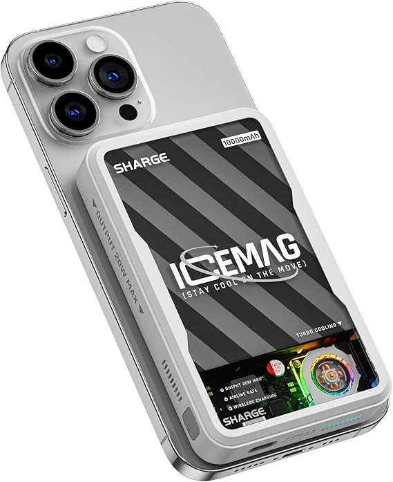 sharge ICEMAG Magnetic Power Bank, World's First 10000mAh Battery Pack with Active Cooling for MagSafe, Transparent Portable Charger with 20W USB-C Input/Output for iPhone15/15 Pro/15 Pro Max/ 14/13
